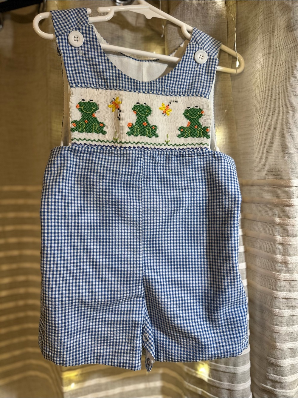 Vintage Blue Gingham Smocked Frocks Frog Overalls Romper for Kids